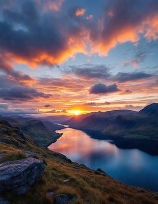 The primary subject of the image is a beautiful sunset over a large body of water, with mountains in the background. The setting is a picturesque landscape with a serene atmosphere. The visual style is a natural, realistic representation of the scene. The colors and mood are predominantly warm and calming, with the sunset casting a warm glow over the landscape.